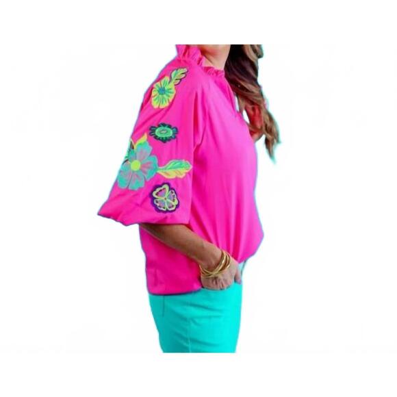 NEW JESS LEA embroidered puff sleeve top in hot pink - Picture 4 of 4